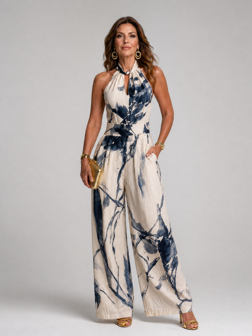 Xylene | Printed Halter Wide Leg Jumpsuit