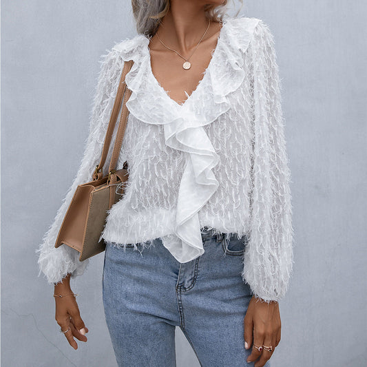 Lilia - Blusa con volantes de plumas
