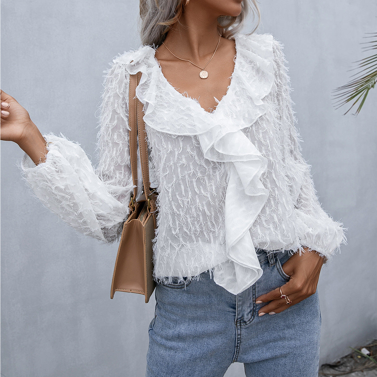 Lilia - Blusa con volantes de plumas